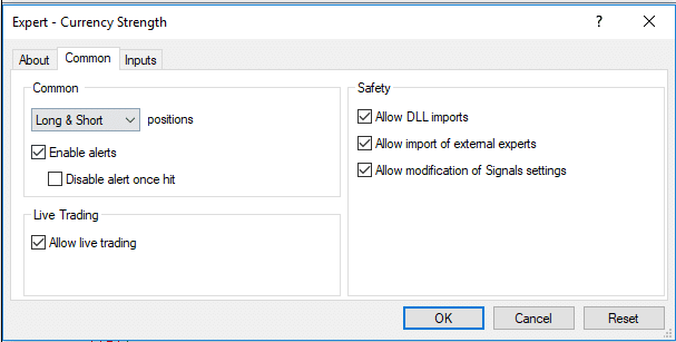 MT4 platform menu