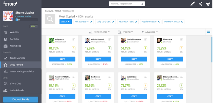  eToro web page shows the portfolio of top traders. To get the best ones, you can employ various filters.