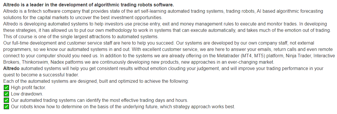 Altredo Forex Robots Vendor Transparency