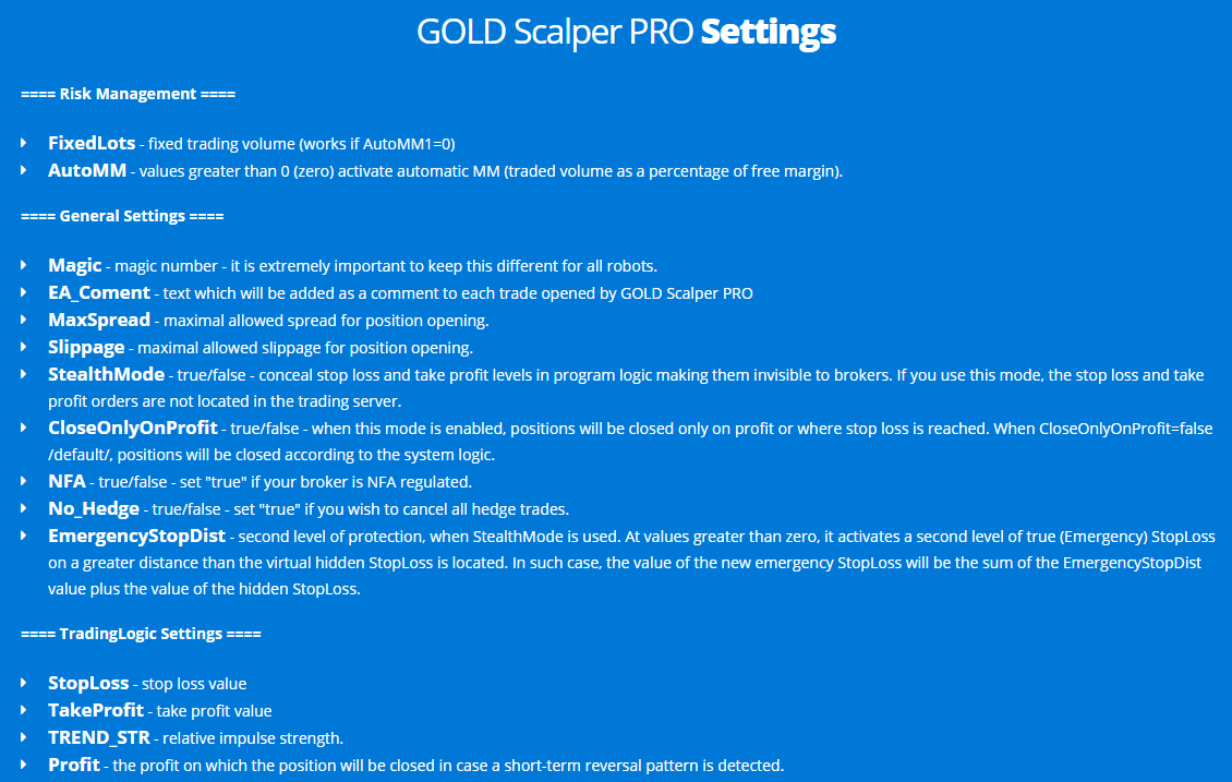 Gold Scalper Pro. We have a list of EA’s settings as usual.