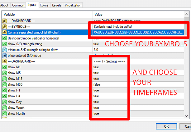 Advanced Supply Demand settings list.