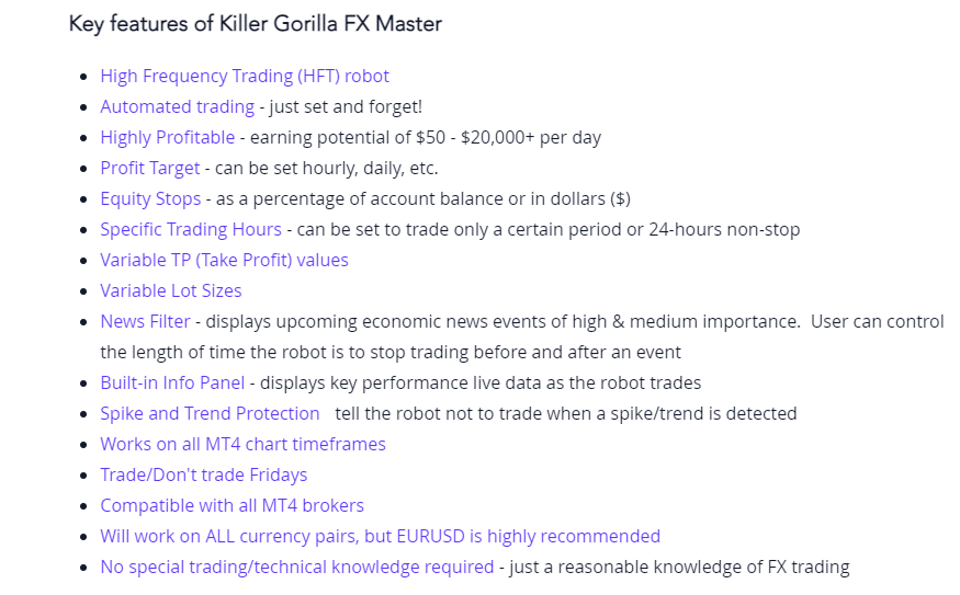 Features of Killa Gorilla FX Master EA.