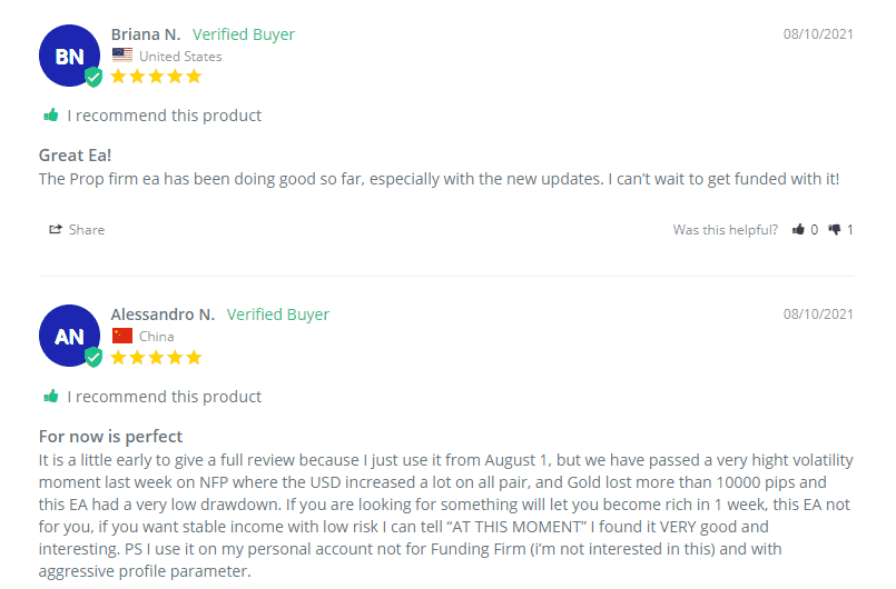 User reviews for PROP FIRM EA on the official website. 
