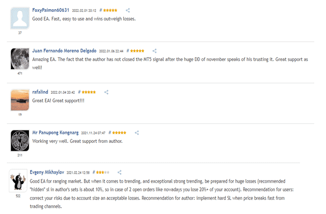 User reviews on MQL5.