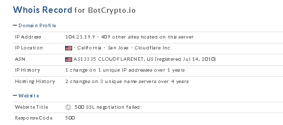 A screenshot of the Bot Crypto domain profile on the Whois.domaintools website.