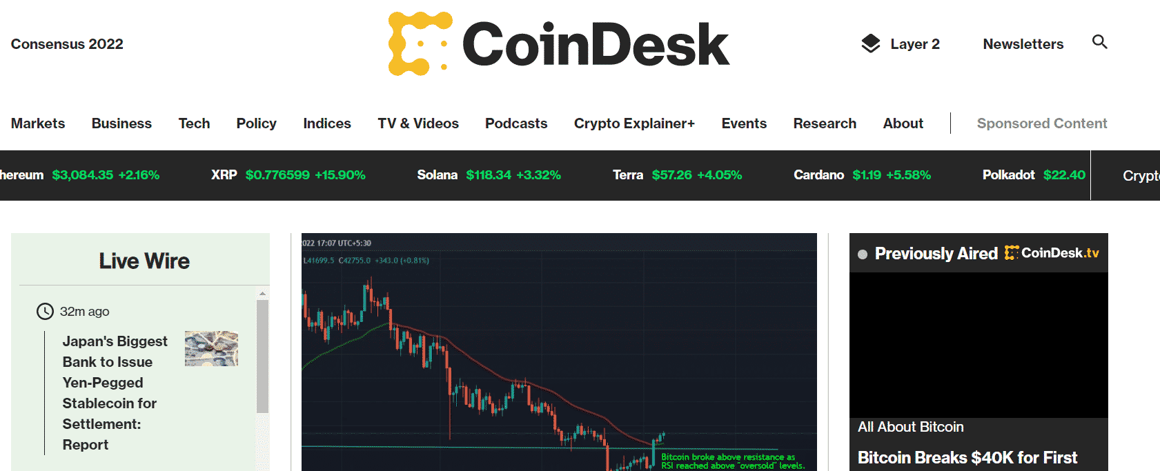 The CoinDesk home page