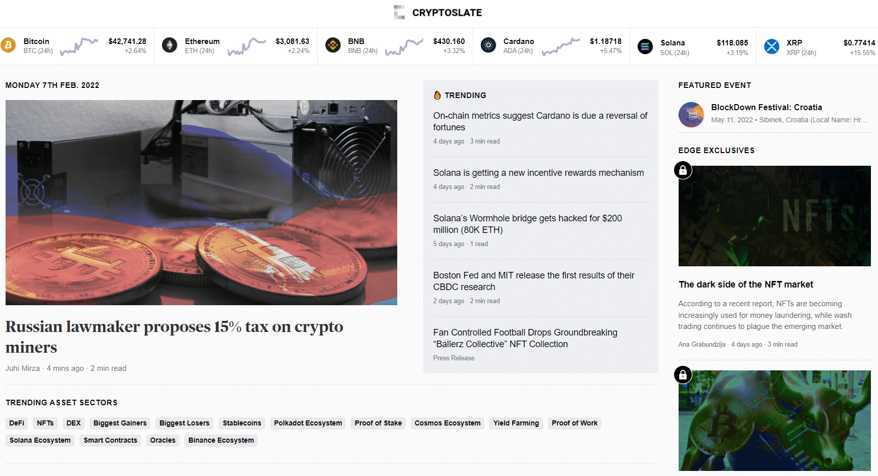 The CryptoSlate home page