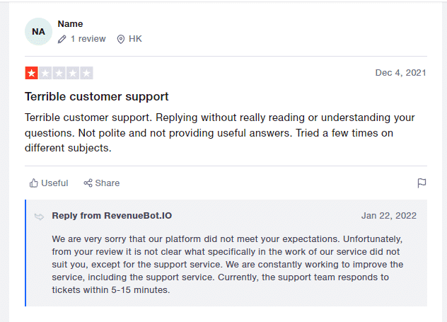 Customer review at TrustPilot.