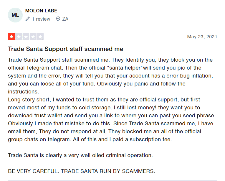 Trader testimonial on Trustpilot claiming that the bot is a scam.