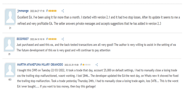 Customer testimonials on MQL5.