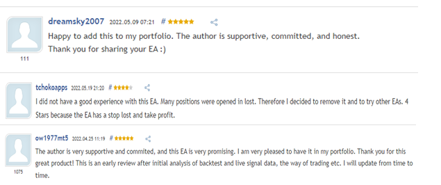 Customer reviews on MQL5. 